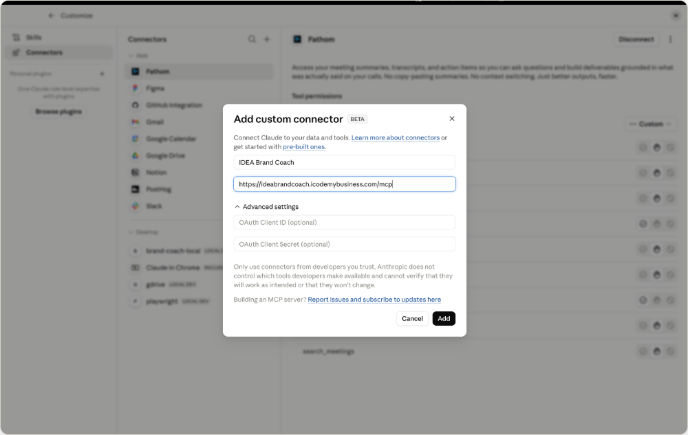 Add custom connector dialog with the IDEA Brand Coach name and MCP server URL filled in